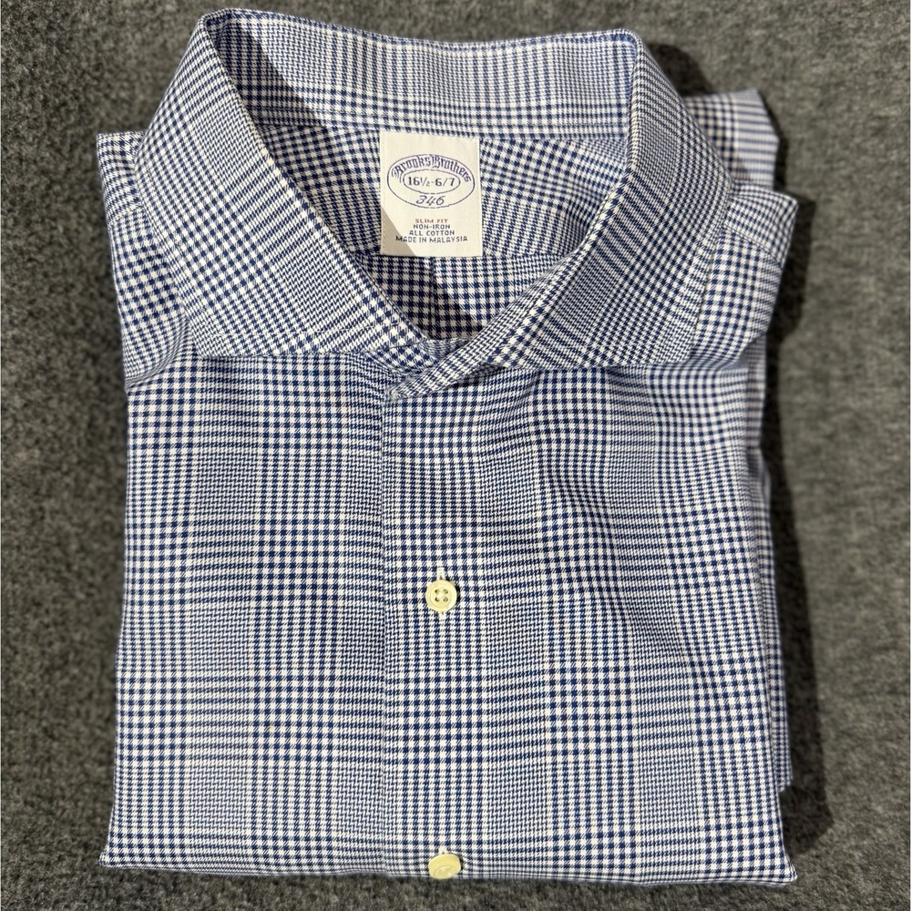 Brooks‎ Bros 346 Blue Houndstooth Long Sleeve Button Up Shirt 16.5-6/7